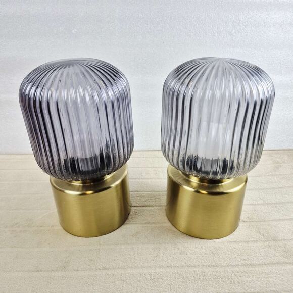 IKEA SOLKLINT Table Lamps Smoked Ribbed Glass Shade & Brass-Tone 11"Lot of 2 - Picture 1 of 8